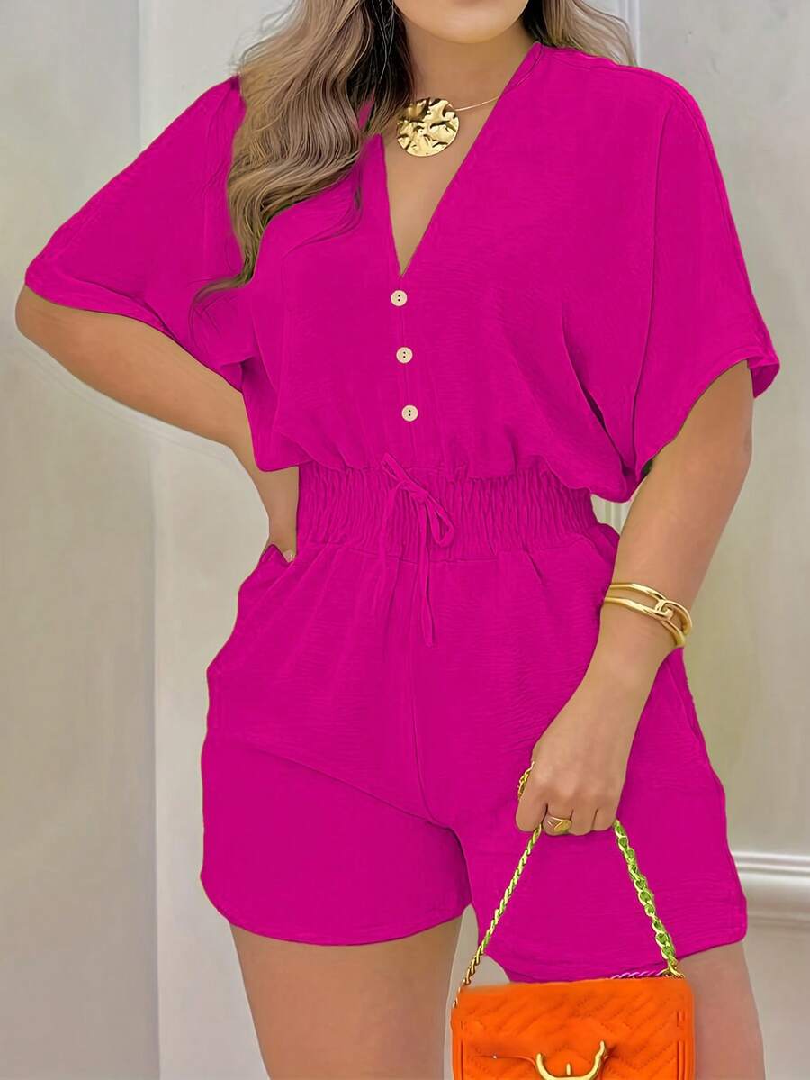 Jumpsuit Wanita Kasual Warna Polos Leher V dengan Kancing, Elegan untuk Musim Panas