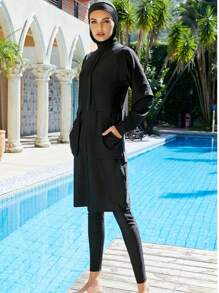 Women Modest Muslim Swimsuit Full Coverage Swimwear Islamic Hijab Swimming Burkini Swim Suit Solid Color Vacation - Black - View 2