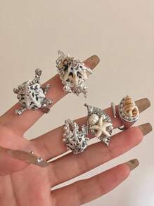 1 件时尚、优雅、独特设计的夸张海洋系列防水不对称人造海星和贝壳装饰珍珠堆叠戒指，适合男士和女士，非常适合夏季假期/日常/派对/沙滩装，送给朋友和姐妹的完美礼物 - 彩色 - 查看 3