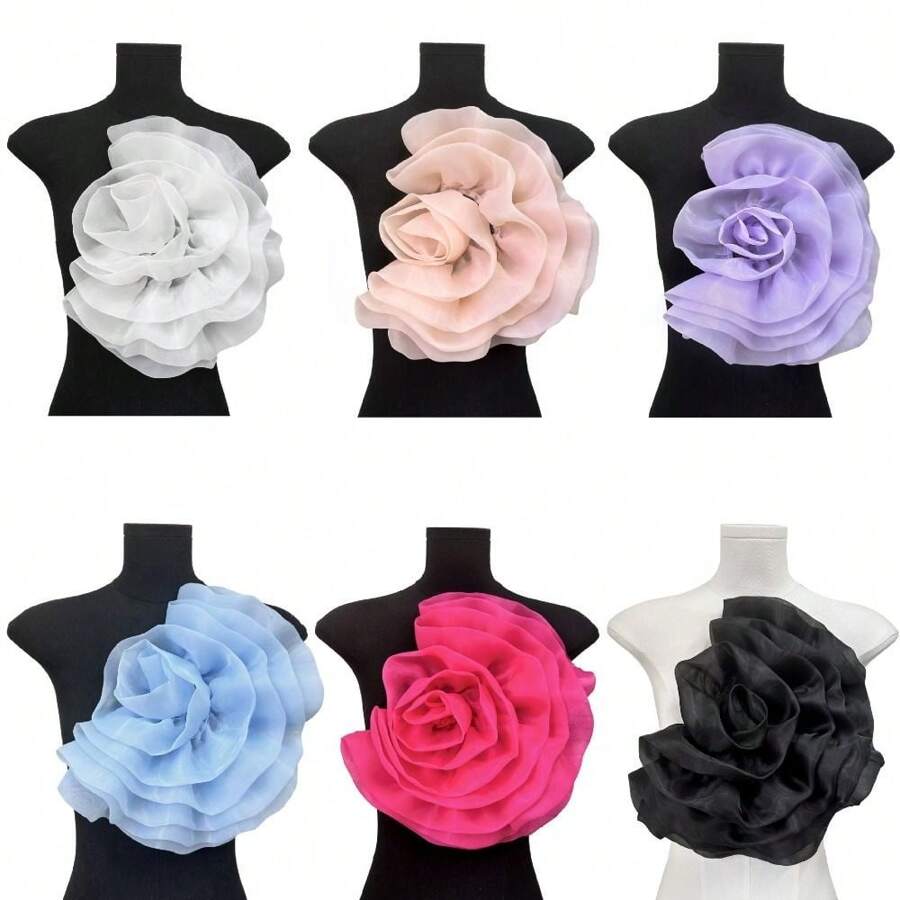 3D 花朵欧根纱手工花朵贴布 DIY 服装胸花缝纫贴花配饰服装连衣裙颈部装饰 - 彩色 - 查看 1