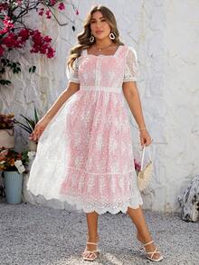 Simplee 大码女士优雅网纱刺绣蕾丝边泡泡袖连衣裙，派对礼服，婚礼宾客礼服，7月4日独立日庆典礼服，生日礼服