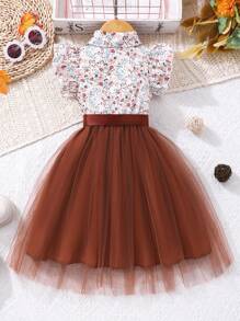 Girls' Fashion Ditsy Floral Dress With Ruffled Collar, Flutter Sleeves Design, Lightweight And Flowing, Suitable For Daily Wear, Parties, Birthday Events - Brown - View 2