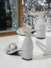 2025夏季新款韩版时尚性感女神系带粗跟罗马凉鞋 - 銀色 - 查看 8