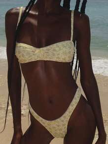 Ladies' Summer Beach Bikini Set, Lace Edge, Front Bow, Slim Fit. Bikini Top: No Wire, Spaghetti Straps, Padded Cups. Soft Fabric, Good Elasticity, Smooth And Breathable, Comfortable To Wear. Suitable For Swimming, Surfing, Beaches, Tropical Vacations, Honeymoons, Sports, Water Parks, Pool Parties, Etc. - Màu vàng - Xem 4