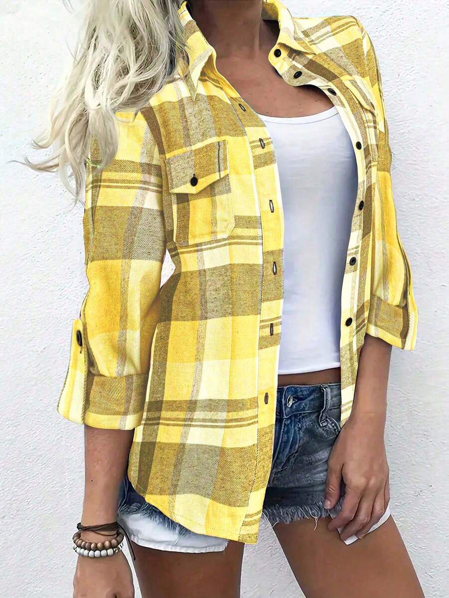 Women's Brushed Plaid Pocket Cuff Polyester Casual Shirt, Collegiate Style For Commute & Weekend, Turndown Collar, Autumn/Winter - Yellow - View 1