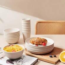 18pcs/Set Dinnerware Set, Ins Style Beige Vertical Stripe & Black Horizontal Stripe Plates, Bowls, Cups Combination, Simple Elegant Healthy Tableware For Home, Dining Room, Kitchen, Picnic, Party, Wedding, Holiday,School Supplies