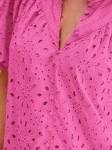 Women's Casual Summer V Neck Puff Short Sleeve Hollow Out Eyelet Embroidery Button Spring Fashion Beach Vacation Holiday Dressy Boho Shirt Blouse Top Outfits - hoa hồng màu hồng - Xem 4