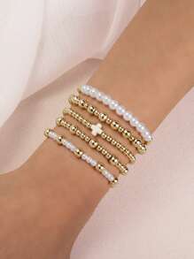 5 件套波西米亚金色串珠手链女士仿珍珠可堆叠弹力珠球手链十字架首饰套装女士少女情人节珠宝礼物 - 金黃色 - 查看 3