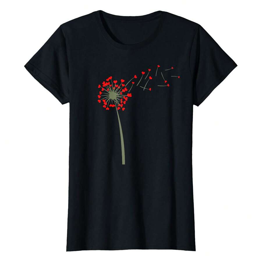 Cool Flower Dandelion Hearts Valentines Day Women T-Shirt Graphic Tees Short Sleeve Casual Women Men T Shirts 100% Cotton Tee Shirt Womens Summer Tops Funny Print Women's T-Shirts Soft Comfy Everyday Wear Daily Gift Woman Tshirt Black