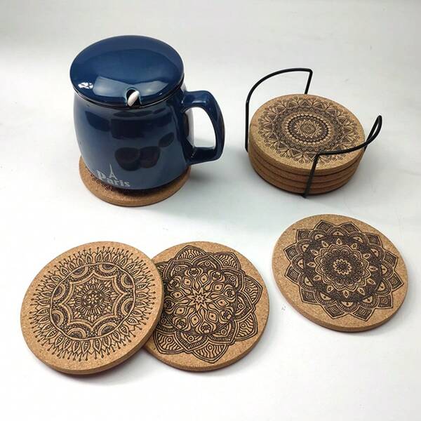Juego de 5/7 posavasos redondos de corcho con estampado de mandala estilo nórdico, con soporte. Resistentes al calor y absorbentes, para tazas de café, té y vasos. Accesorios de decoración para mesa de cocina.