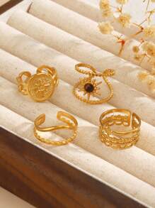4 قطع طقم من الخواتم مطلي بالذهب الأصفر عيار 18 قيراط، بتصميم النجمة والشمس، مناسبة للاستخدام اليومي للنساء - متعدد الألوان - مشاهدة 4