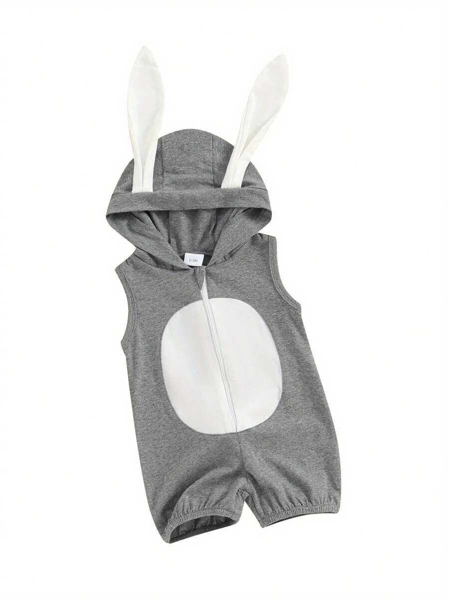 Infant Baby Easter Hooded Romper Cute Sleeveless Zip Up 3D Rabbit Ear Contrast Color Jumpsuit Toddler Clothes For Boys Girls Cute Style