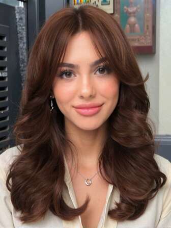 Layered With Curtain Bangs Natural Wave Dark Brown Wig For Women Brown Hair Wig Shoulder-Length Wavy Wig Long Dark Brown Synthetic Wigs With Bangs High Resistant For White Women Medium Brown Wig For Daily Party Use