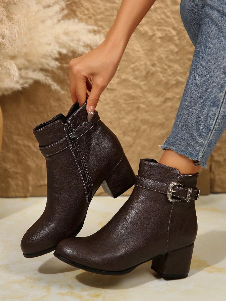 Autumn And Winter New Women's Ankle Boots And Short Boots, Thick Heel Round Toe Suede Fashionable Women's Boots, Metal Buckle Strap Fashionable Versatile Comfortable High Heels - Coffee Brown - View 1