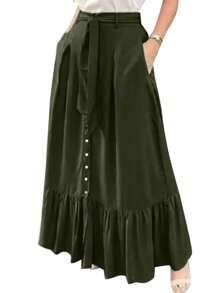 ZANZEA Fashion Women Elastic Waist Summer Party Casual Loose Ruffles A Line Long Skirt - 軍綠色 - 查看 2
