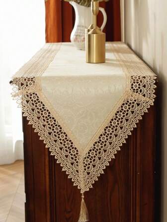 1pc Satin Jacquard Table Runner, Delicate Water-Soluble Embroidered Lace Trim, Minimalist High-End, Suitable For All Seasons, Can Be Used As Kitchen/Dining Table Runner, Placemat, Picnic Mat, Gift, Cabinet Scarf, Home Decor, Family Gathering, Holiday Decoration, Applicable For Indoor/Outdoor, Villa, Party, Wedding Decorations, Decor, Outdoor Furniture Series, Size Options Available