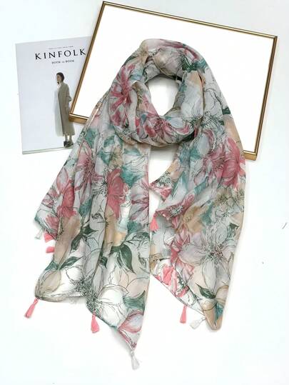 1 chiếc khăn choàng nữ Bali bằng vải chiffon in họa tiết, có tua rua, nhẹ, thanh lịch, thoải mái, thoáng khí, phù hợp cho thời gian rảnh rỗi, hoạt động ngoài trời, trường học, đi làm.