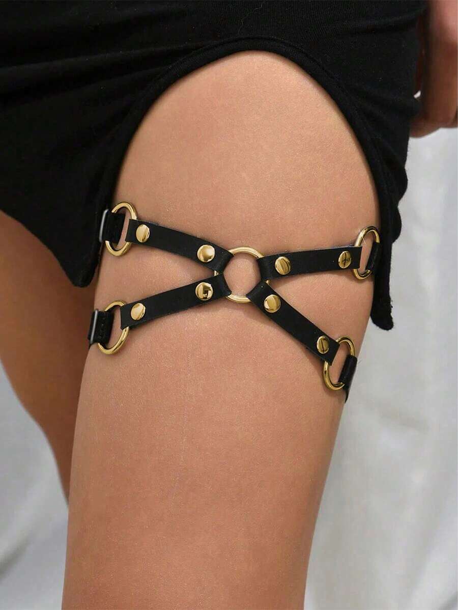 1件装女士黑色性感PU皮革吊袜带腿套绑带时尚哥特风装饰大腿吊袜带，适合万圣节派对或日常穿着 - 金色 - 查看 1