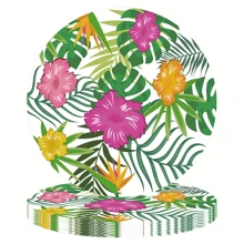 10pcs Hawaiian Tropical Luau Party Supplies Green Leaf With Flowers Design Paper Plates Cups Napkins For Summer Themed Parties Decoration