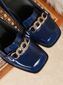 Petite Women's Mary Jane Chunky Heel Pumps, Square Toe Bow Decor High Heels, Comfortable Sapphire Blue Dress Shoes