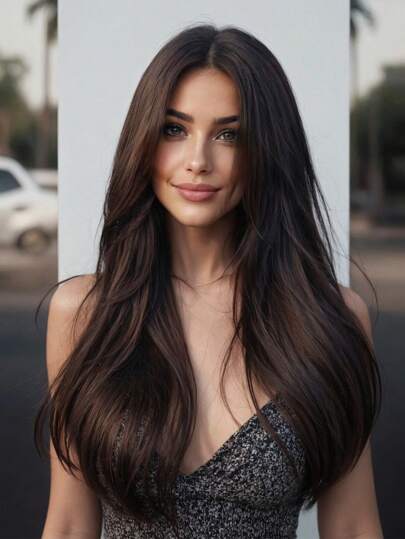 26英寸耐热合成长卷发假发，中分，黑棕色，自然柔顺逼真，适合日常佩戴（不含配饰）