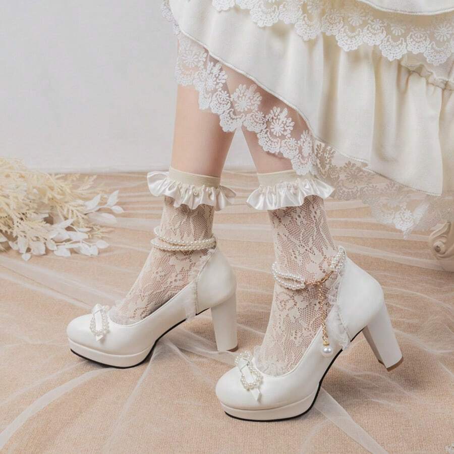 Tacones altos de mujer tipo Lolita con plataforma impermeable, perlas, lazo y tacón grueso hueco