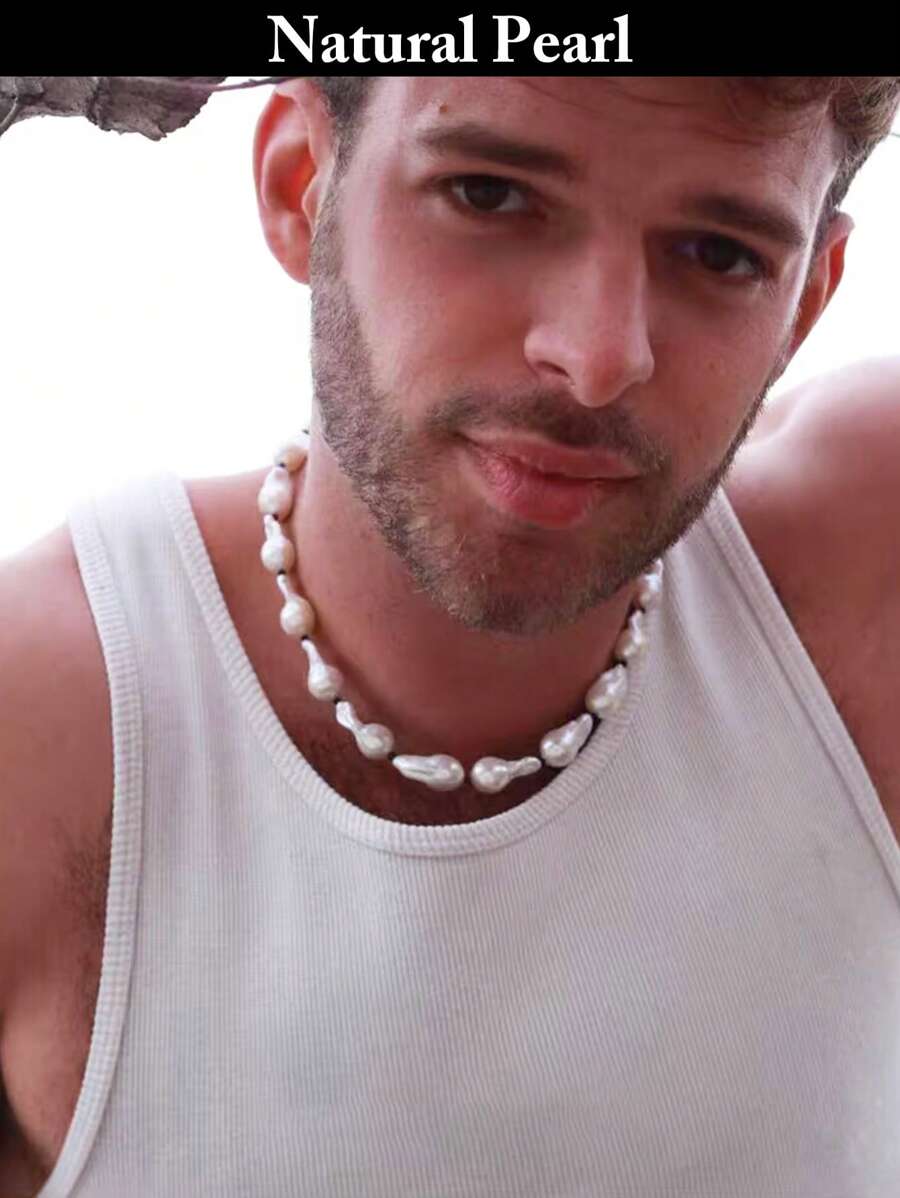 1pc Fashion Natural Baroque Pearl Necklace, White Asymmetrical Style Pearl Necklace, Suitable For Men Or Daily Wear, Gift Box For Holiday
