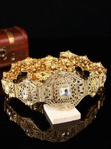 Moroccan Retro Style Women's Gold Waist Belt With Palace Openwork Carving, Inlaid With Large Rhinestones, Adjustable Length Wedding Jewelry Waist Chain Body Jewelry Belt. - Multicolor - View 11