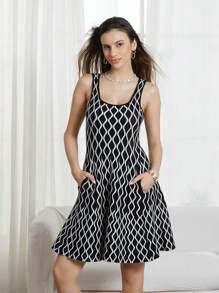 Women Summer Mini Tank Dress Sleeveless U Neck Pattern Print Cocktail Dress With Pockets - Black - View 7