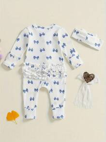 Baby Girl 2Pcs Fall Outfits Ruffle Long Sleeve Bow Print Jumpsuit With Headband Set Newborn Clothes - White - View 6
