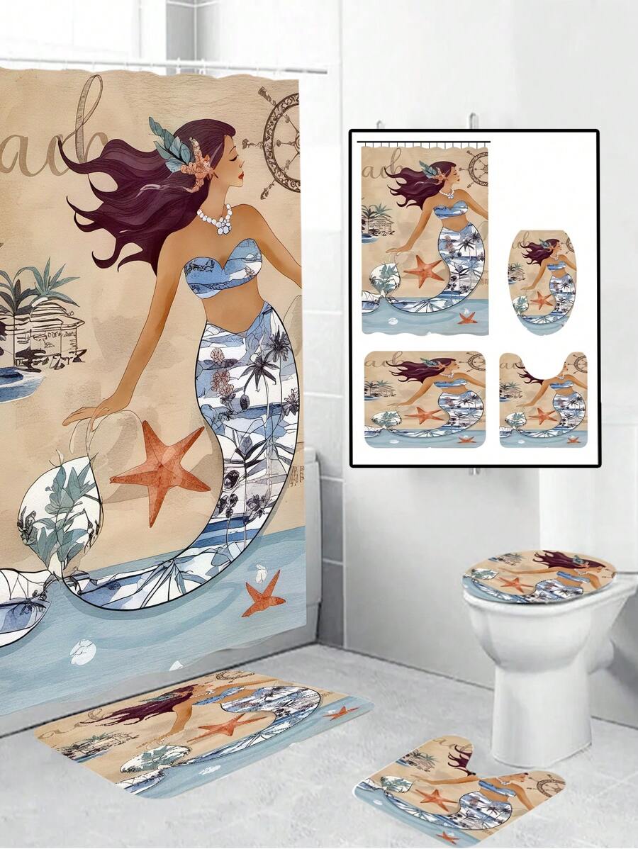 1 套印有美人鱼、海马和海洋元素的防水浴帘，配有 12 个挂钩，可洗涤纶面料浴垫和马桶垫，适用于浴室装饰和家居装饰母亲节鲜花，送给妈妈的个性化礼物，最后一分钟的礼物，母亲节创意，母亲节礼物，送给妈妈的手工卡片，50 美元以下的最佳母亲节礼物