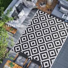 Outdoor Rug,Geometric Outdoor Rugs For Garden Patios Reversible & Easy Cleaning Decking Rug, Portable Comfortable Woven Waterproof Carpet - Black and White - View 9