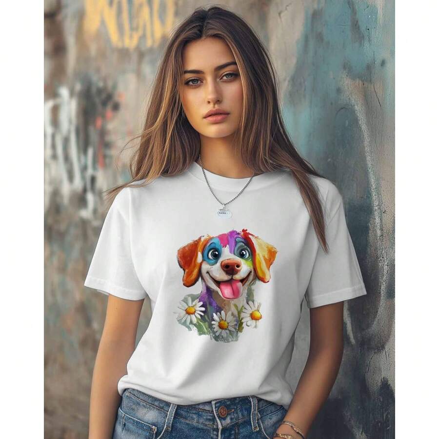 T-Shirt For Women's Colorful Dog Flower Tie Dyeing Printing Quick Dry Short Sleeve Cotton T Shirt, White-M