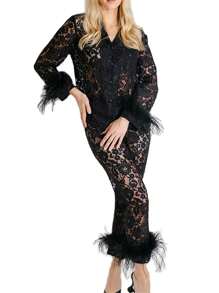 Women's Elegant Lace Outfits Feather Cuffs Long Sleeve Lapel Button Down Tops Long Pants Party Outfit Set - màu đen - Xem 1