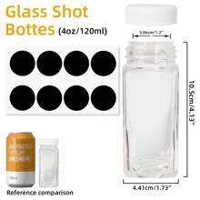 Juego de 8 piezas/6 piezas de botellas de vidrio de boca ancha para líquidos, botellas para tomar jengibre con tapas, envases para zumos de bienestar, botellas de agua cuadradas pequeñas de 4 oz/120 ml para uso en exteriores, a prueba de fugas.