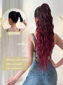 24-Inch Brown Long Wavy Heat-Resistant Synthetic Ponytail Hair Extensions, Claw Clip On, Suitable For Daily Wear, Black, Brown, Burgundy - Red Highlight - View 4