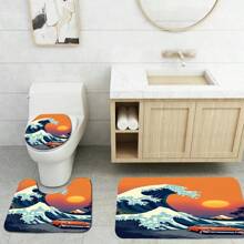 1 conjunto, patrón de ola, paisaje de puesta de sol, coche, tabla de surf, juego de 3 piezas de alfombra de baño de elementos diarios, alfombra de baño absorbente y lavable, alfombra de baño antideslizante, tapa de inodoro, alfombra de baño gruesa y suave, ducha, cocina, lavandería, baño, sala de estar, dormitorio, alfombra de interior, accesorio de decoración del hogar