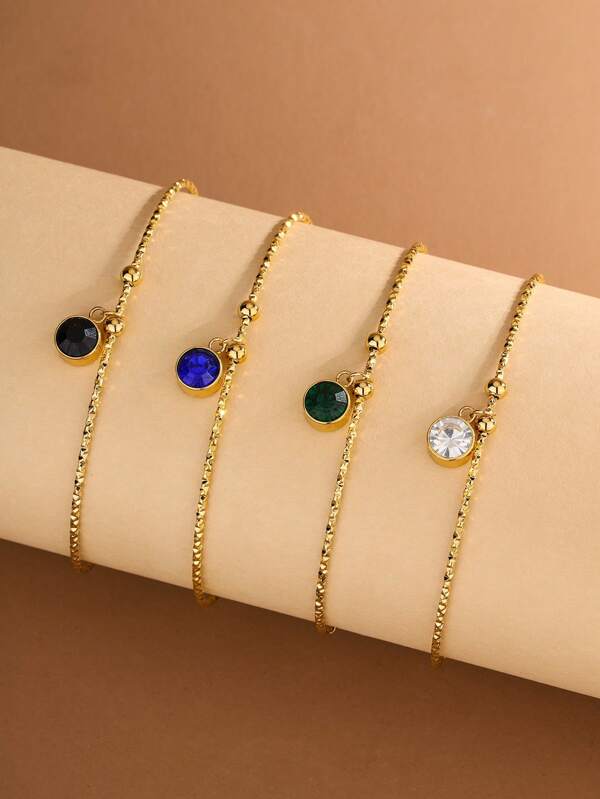 1pc Pulseira de aço inoxidável estilo minimalista com decoração de strass de vidro colorido, design extensível adequado para uso diário feminino