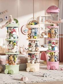 1 个防水透明圆形收纳盒，分层娃娃收纳柱带翻盖，透明易拿，加厚 PET 材质 - 适用于毛绒玩具、娃娃等 - 完美的家居收纳和节日礼物