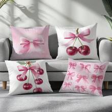 4pcs 17.7*17.7in(45*45cm) Pink Cherry Blossom Bow Print Pillow Cover [Single-Sided Printing] Home Decor Headboard Cushion Sofa Pillow Sham Peach Velvet Windowsill Cushion Cover [Pillow Insert Not Included], Suitable For Daily Use, Home High-End Minimalist Self-Use Decoration, Living Room Sofa Bedroom Bedhead Decoration, Small Car Pillow Cover Pillowcase