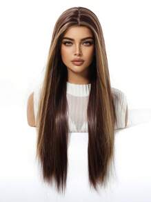 高品质舒适自然长直发女士假发 28 英寸长直发，金色亮点，无刘海，合成耐热纤维材料，适合度假、旅行、家庭聚会、角色扮演、日常佩戴