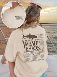 女装夏季新款简约日常鲸鱼海洋生物和口号印花休闲度假风圆领杏色短袖T恤时尚百搭上衣适合日常度假穿着