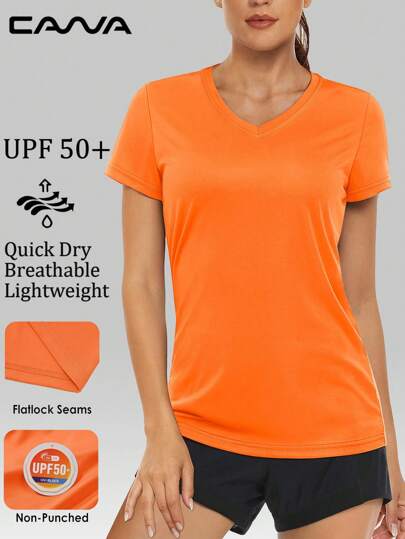 Cavva 女士夏季防晒 V 领 T 恤轻盈透气柔软短款速干运动春季上衣跑步高尔夫瑜伽骑行