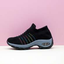 女士经典黑色休闲运动一脚蹬鞋、休闲鞋、摇摆鞋、舞鞋、针织气垫鞋 - 灰色 - 查看 5