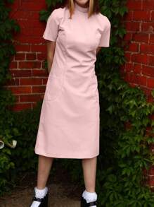 cimmuovere 舒适拉链短袖实用工作磨砂连衣裙，护士连衣裙，适合医疗保健，牙科，美容诊所，心理学家，私人护理 - 粉色 - 查看 9