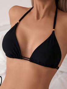 Summer Women's Black Halter Sets Sexy Tie Back Bikini Top - Black - View 3