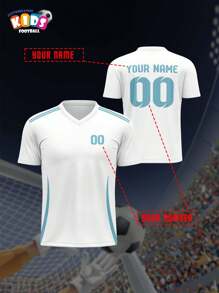 V-Neck Children's Soccer Jersey - Cruzeiro, Breathable, Quick-Dry, Spring/Summer Sports Top, Unisex Customizable With Name And Number, Comfortable, Breathable, Fitted For Sports, Leisure, Outdoor, Running, White & Blue Stripes - Multicolor - View 2