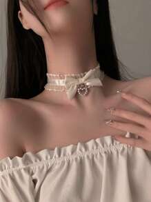 1pc European & American Style White Lace Cute & Sweet Choker Necklace With Faux Pearl, Bow, Butterfly Pendant, Perfect Gift For Girlfriend