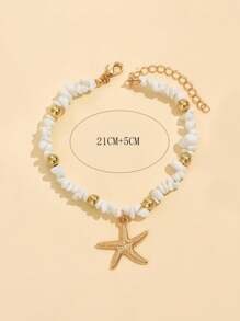 1 pieza Tobillera con colgante de estrella de mar de metal con cuentas de turquesa blanca en estilo de vacaciones, accesorio de joyería de moda para mujer, adecuado para uso diario y de vacaciones