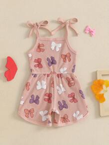 Mono de verano sin mangas estilo casual para bebé y niña pequeña con lazo, estampado y tirantes con nudo, ropa linda para recién nacidos